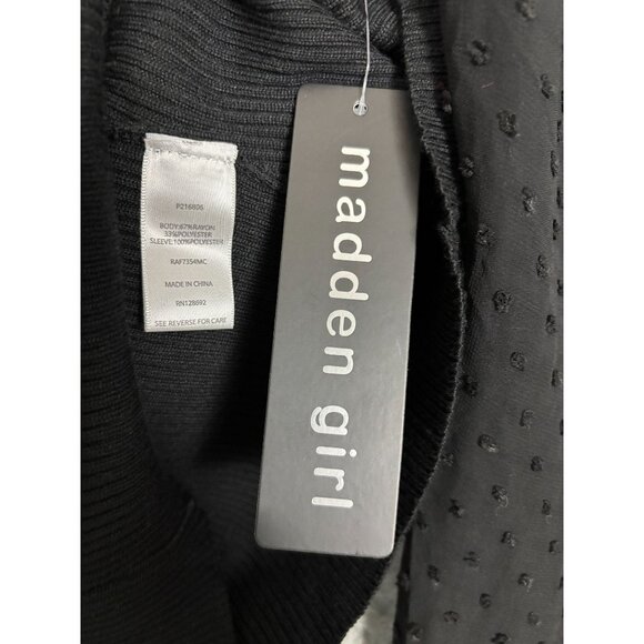 Madden Girl Juniors' Ribbed Sweater Sheer Dotted Mesh Sleeves Black Medium NWT's - Picture 6 of 8